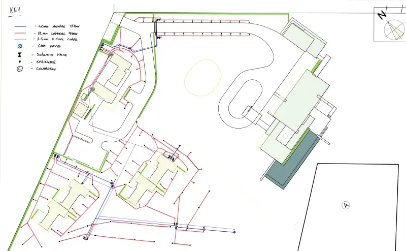 Water Services Taupo irrigation system design plan showing water lines, solenoid valves, sprinklers, and control layout for a property